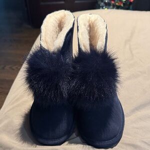 BearPaw Black and Cream Fur Pom Pom Boots